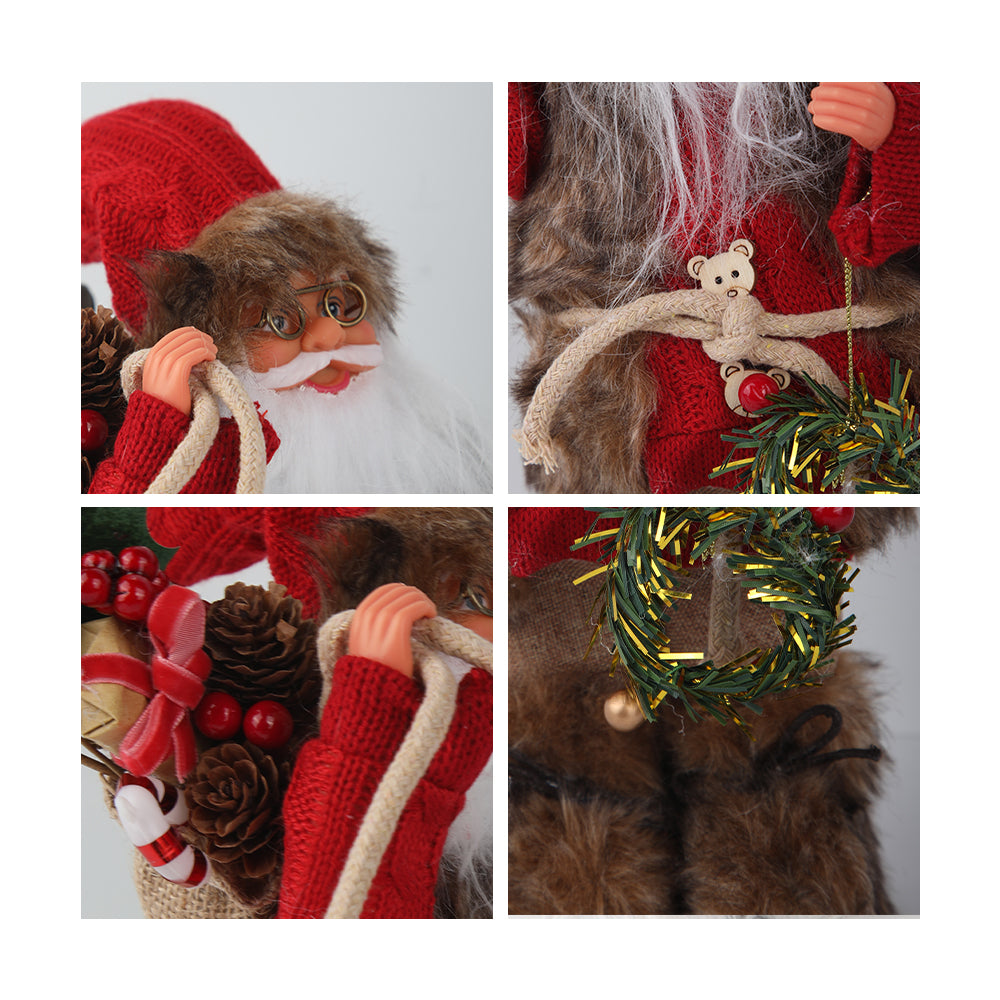 15.7in Rustic Santa Claus Figurine, Faux Fur Knit Santa Claus Standing Decoration for Indoor Home, Mantel & Shelf Christmas Party Supplies