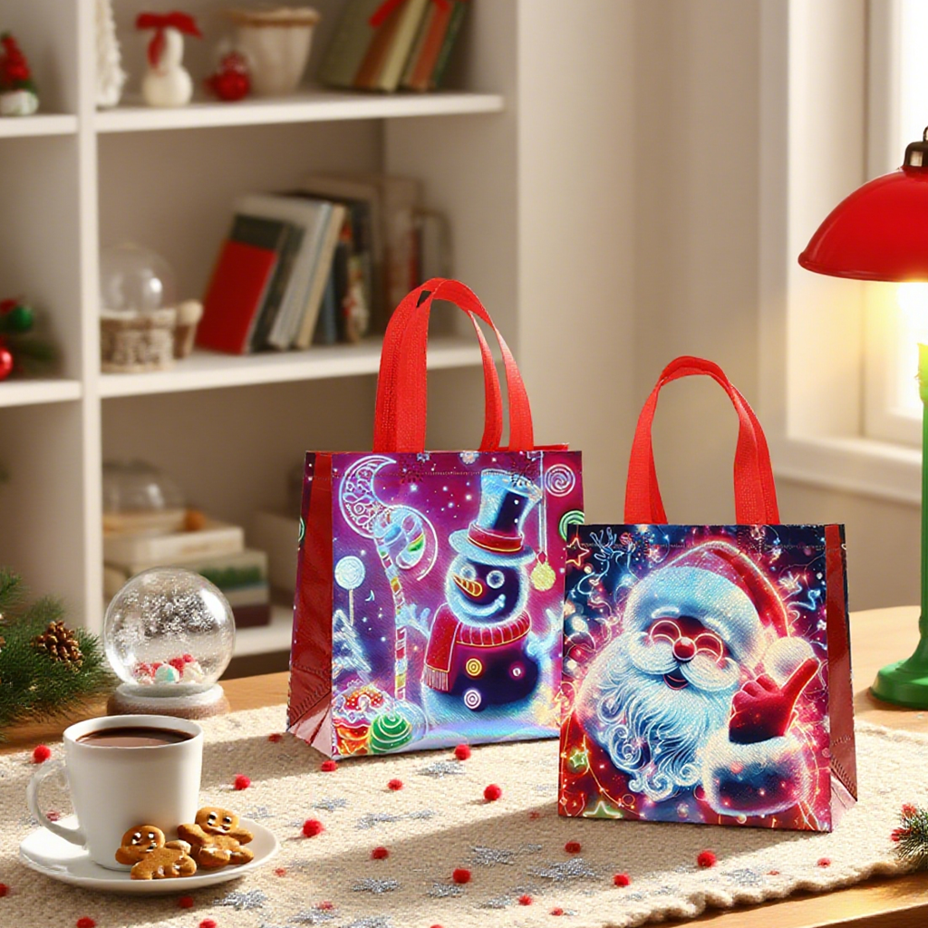 16/32pcs Christmas Gift Bags, Neon Glow Reusable Holiday Tote Bags with Handles for Kids Party Candy Treats