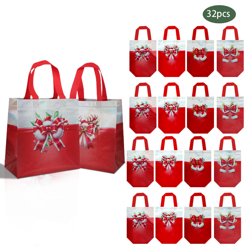 16/32pcs Christmas Gift Bags with Handles, Reusable Non Woven Holiday Party Favor Bags, Red Santa Bow Design for Presents, Candy, Treats