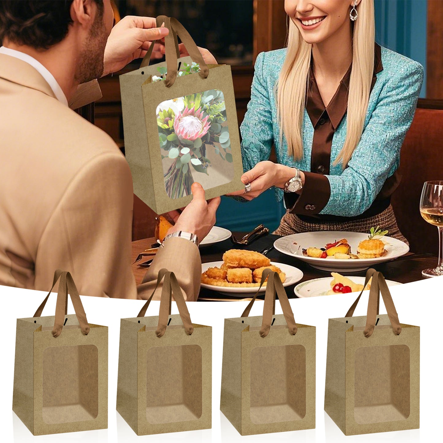 8/12/16/24pcs Brown Kraft Paper Gift Bags with Clear Window and Handles, Perfect for Cookies, Bakery, Party Favors, Christmas and Thanksgiving