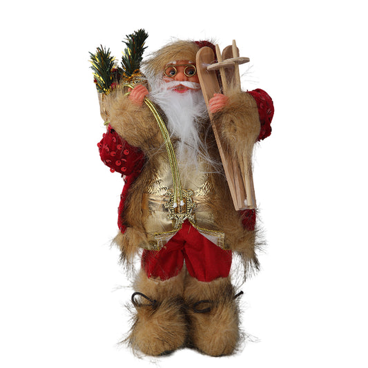 15.7in Retro Santa Claus Figurine with Skis and Tree, Fur Trimmed Vintage Style Christmas Decoration for Home Table Top Mantel Decor, Holiday Gift