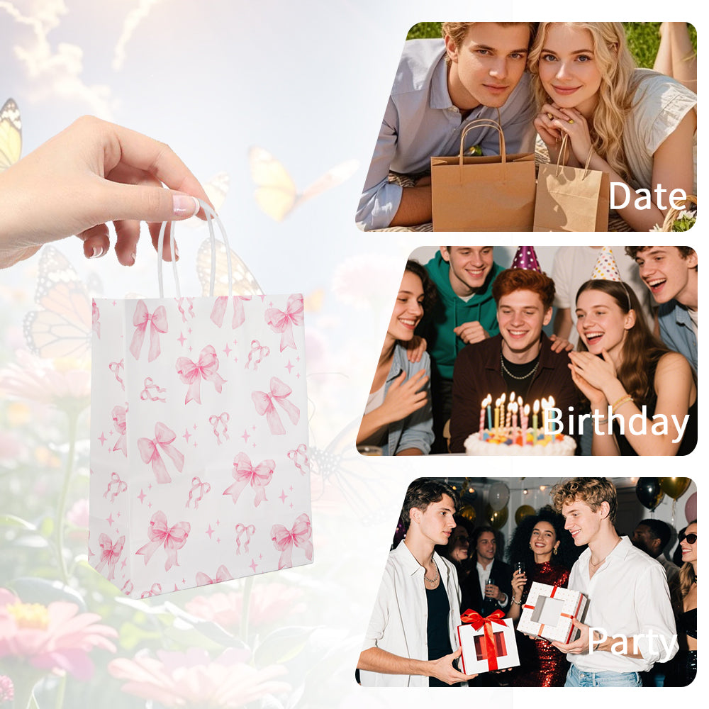24/48pcs Pink Bow Gift Bags, Cute Paper Party Favor Bags with Ribbon Handles for Birthday, Wedding, Baby Shower, Candy, Goodie Bags
