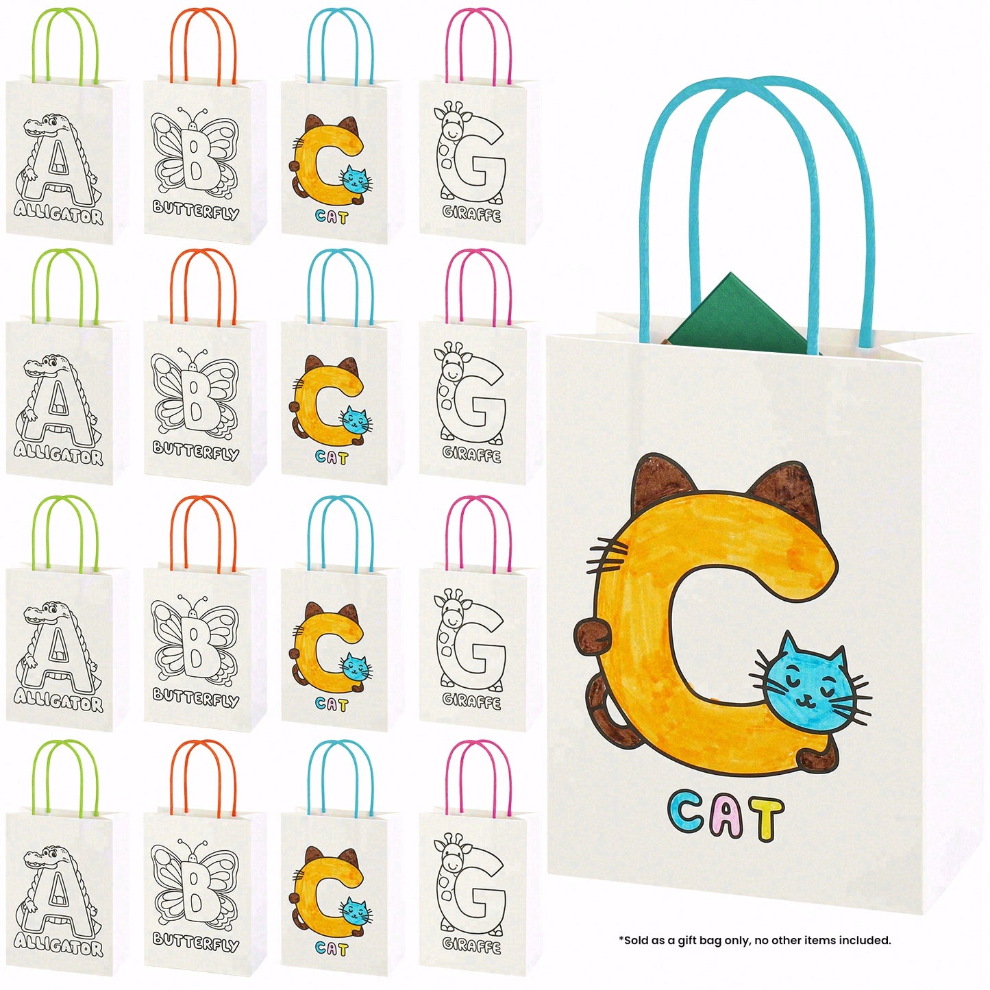 16/32pcs DIY Coloring Gift Bags for Kids, Reusable Paper Party Favor Bags with Handles, Animal Alphabet Design for Birthday Party Supplies, Classroom Crafts