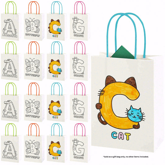 16/32pcs DIY Coloring Gift Bags for Kids, Reusable Paper Party Favor Bags with Handles, Animal Alphabet Design for Birthday Party Supplies, Classroom Crafts