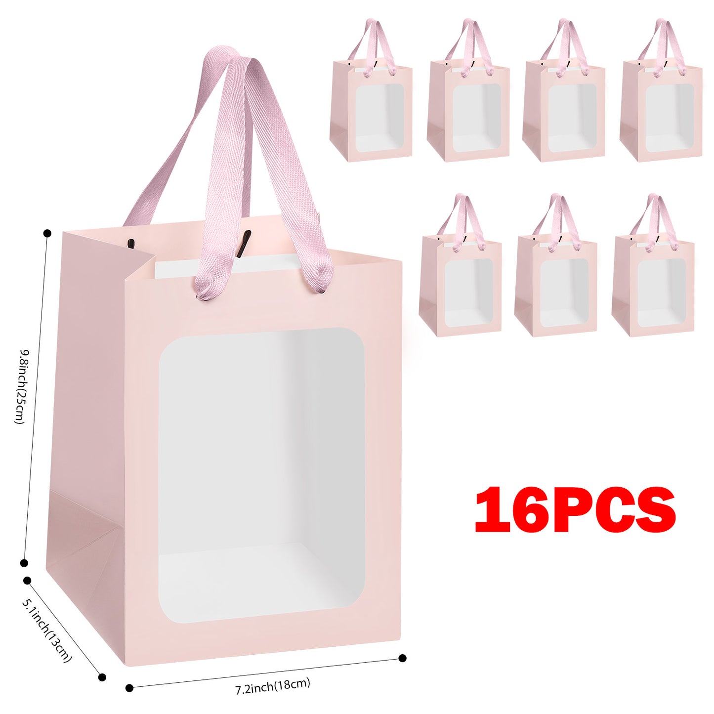 8/12/16/24pcs Pink Flower Gift Bags with Clear Window, Bouquet Paper Bags for Birthday, Wedding, Valentine's Day, Mother's Day, Graduation Party Favors