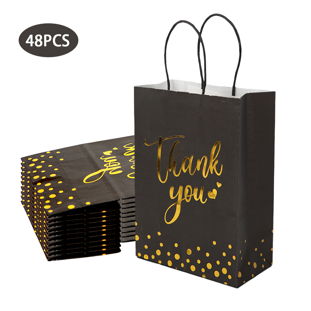 24/48pcs Black and Gold Thank You Gift Bags, Luxury Paper Gift Bags with Handles for Birthday, Wedding, Christmas Party