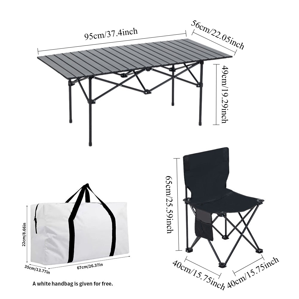 5 Piece Camping Table and Chairs Set, Portable Outdoor Folding Table & 4 Chairs with Carry Bag, Heavy Duty Aluminum Roll Up Table for Picnic, Beach, Backyard, Tailgate Party (Black)