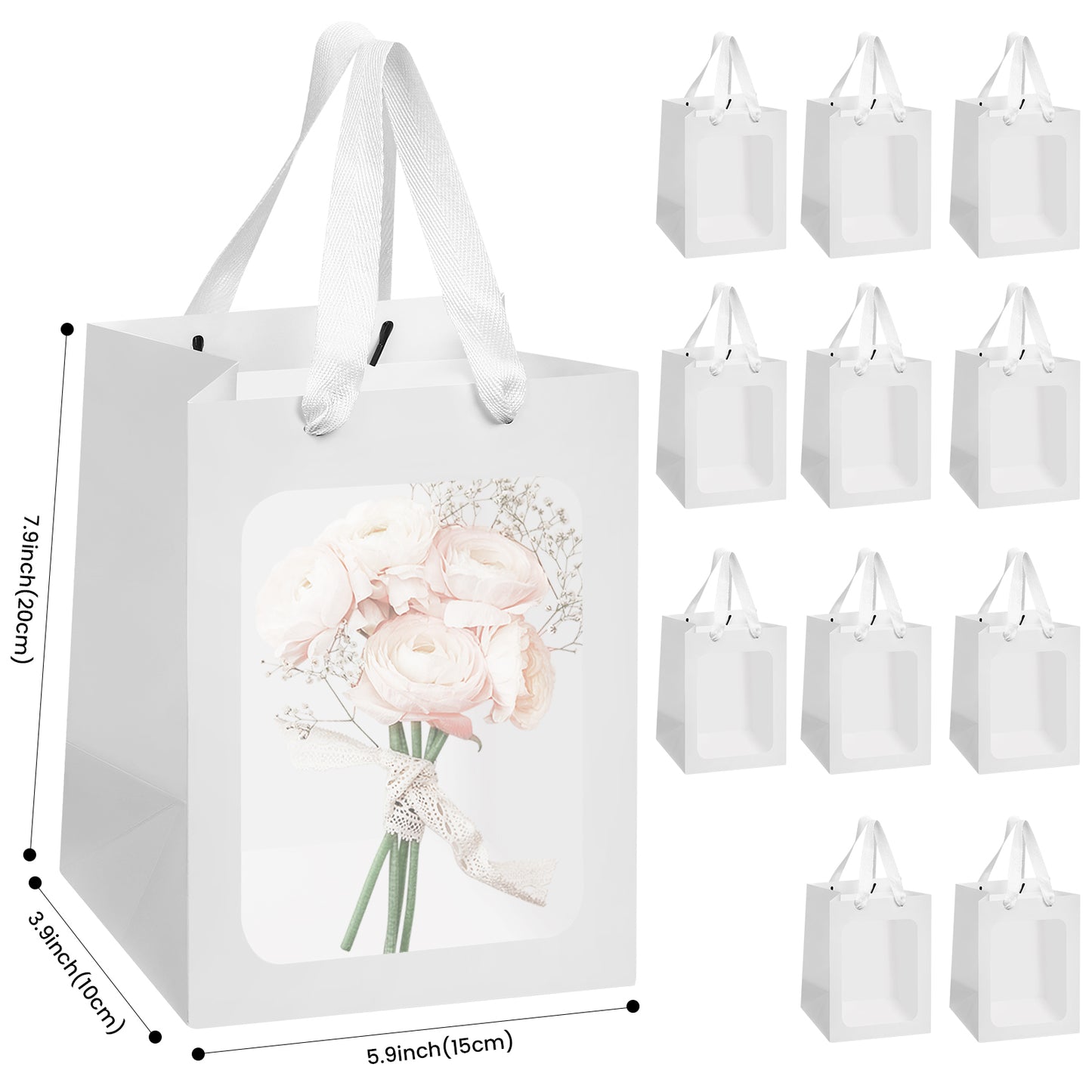 8/12/16/24pcs White Paper Gift Bags with Clear Window,Party gift bags with handles, suitable for weddings, birthdays, bridal showers and baby showers.
